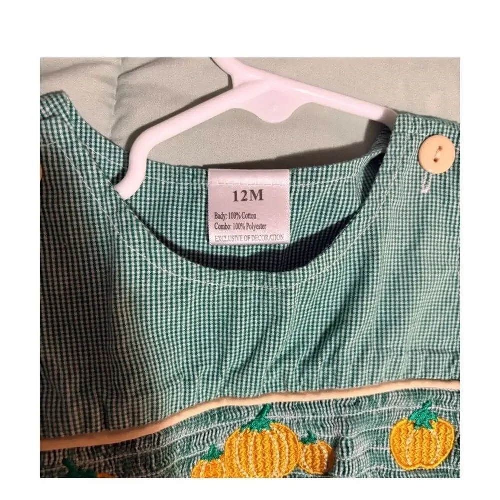 Green Gingham Pumpkin Embroidered Smocked Sleeveless Romper‎ One-Piece 12M